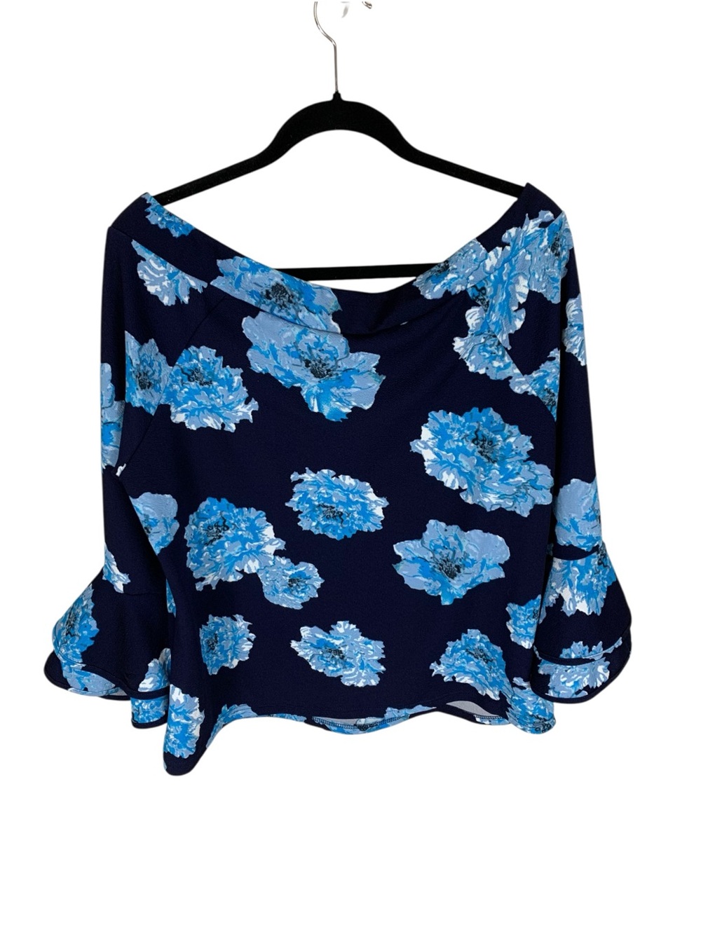 Women's Essentials Blue Floral 3/4 Double Bell Sleeve Off Shoulder Top Size XL